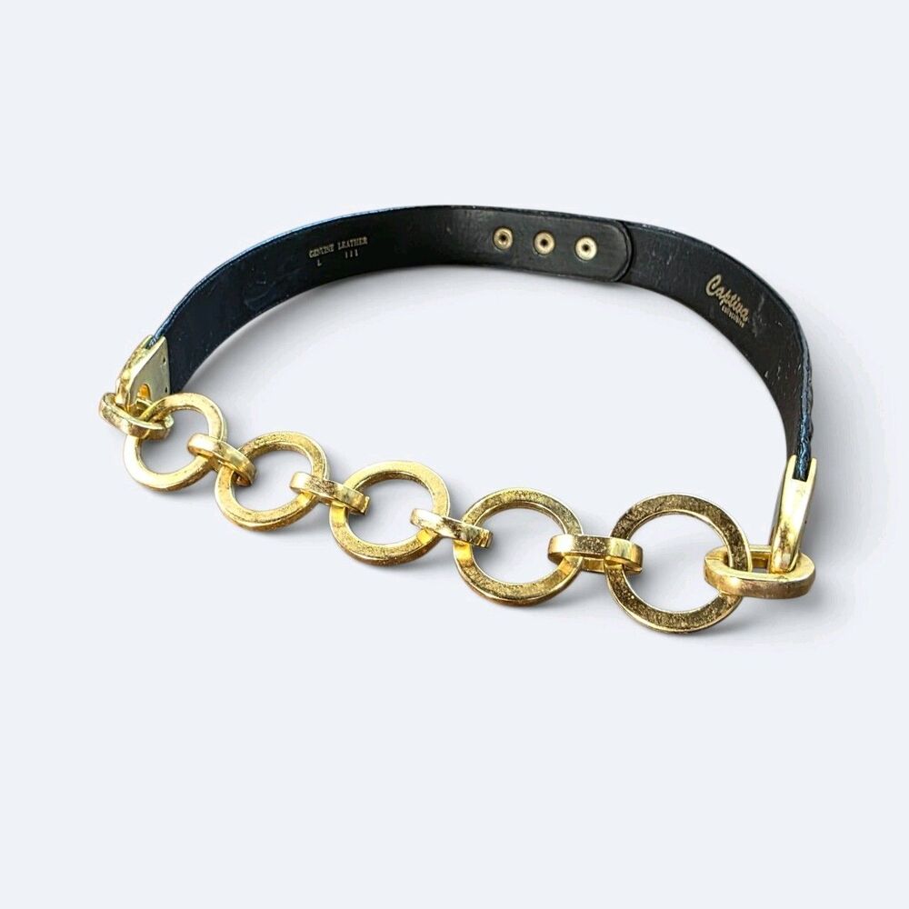 Vintage Captiva Collectibles Black Croc Embossed Leather & Gold Hoop Chain Belt
